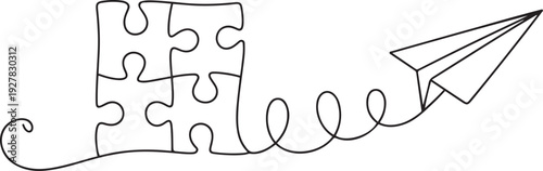 Continuous one line drawing of a groupe piece jigsaw and paper plane on a white background. Puzzle game symbol and iconic business. one line Icon drawing