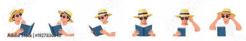 Man reading book wearing hat and sunglasses