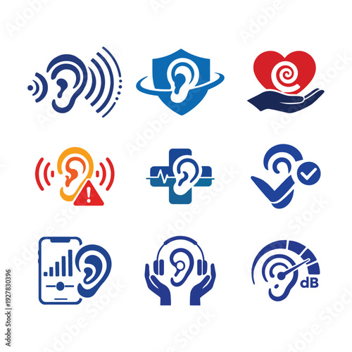 Ear & Hearing Icons: Sound Waves, Protection, Loss, Medical, Test, Mobile, Headphones, Decibel Meter