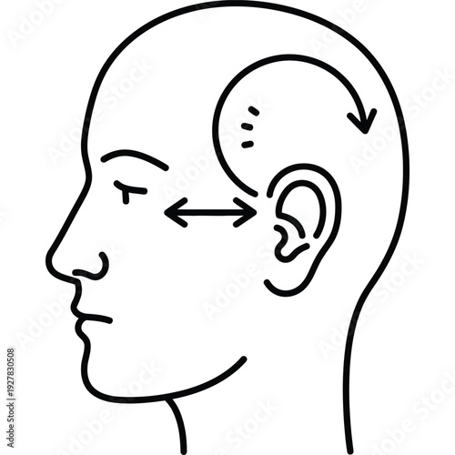 Minimalist line art head profile: Sound waves enter ear, circulate brain, symbolizing hearing, listening, cognition, information processing.