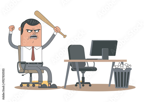 Angry businessman holding baseball bat, sitting in office chair, ready to smash computer