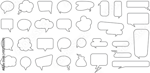 Collection of black outline speech bubbles and thought bubbles