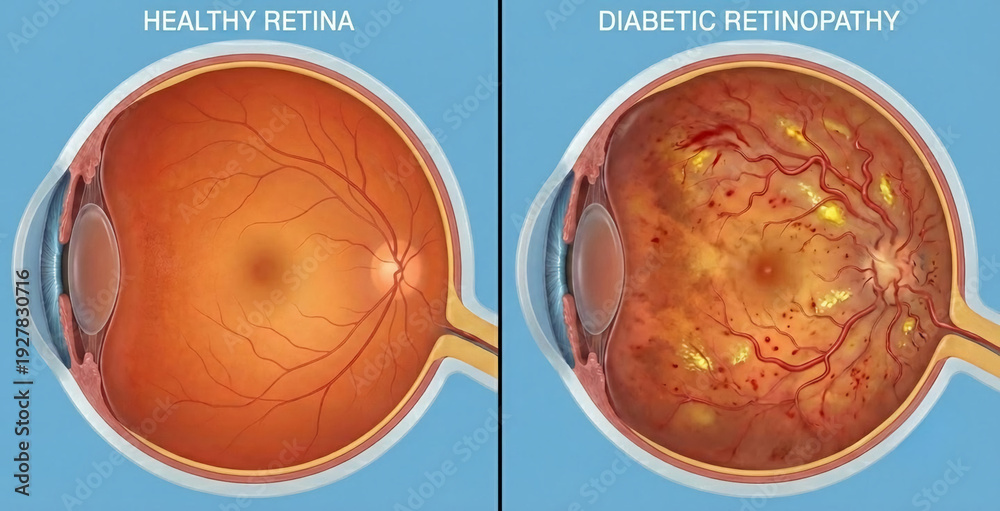Obraz premium Diabetic Retinopathy vs Healthy Retina Eye Anatomy Comparison