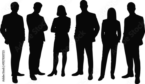 Group of professional business people silhouettes standing together in office wear, black vector figures on white background for corporate team building and leadership.