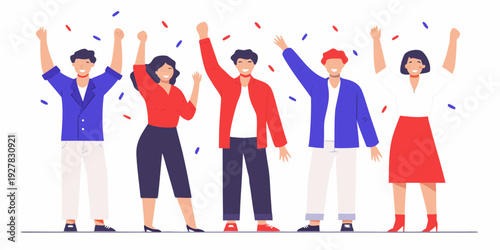 A group of diverse people celebrating with raised arms and confetti