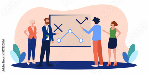 Team analyzes data and discusses business growth strategies on a whiteboard