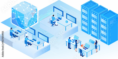 Isometric illustration depicting a modern data center with people working
