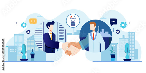 Business professionals shake hands finalizing a deal with city backdrop