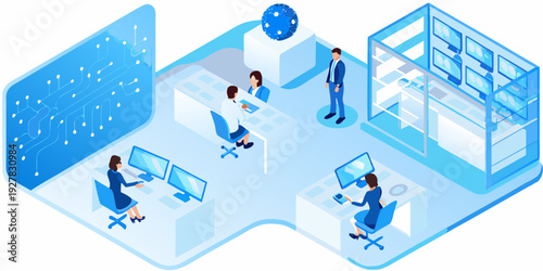 Isometric illustration of a modern data center and office workspace