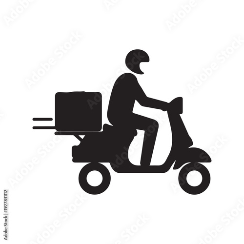 A black silhouette of a person wearing a helmet riding a scooter with a delivery box on the back