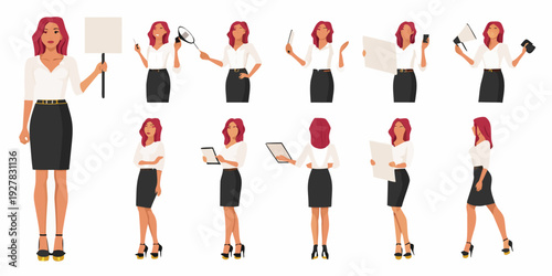 Diverse businesswoman poses with various objects presenting a modern professional style