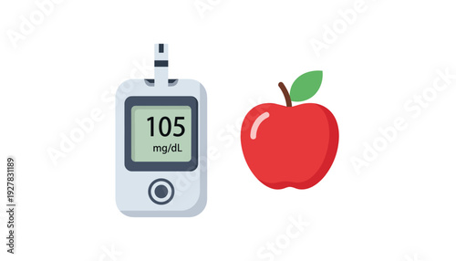 Glucose meter showing 105 mg/dL with red apple