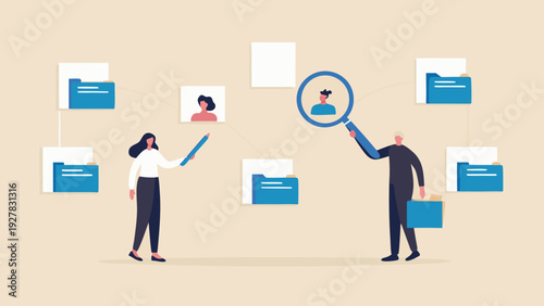 Human resources professionals examining candidate profiles with digital connections