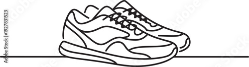 Vector illustration of sneakers. Sports shoes in a line style. Continuous one line. Can used for logo, emblem, slide show and banner. one line Icon drawing
