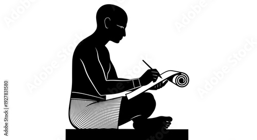 Man Sitting Writing with Quill on Parchment.
