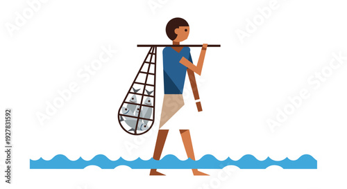 Man Walking with Fishing Net on Shoulder.