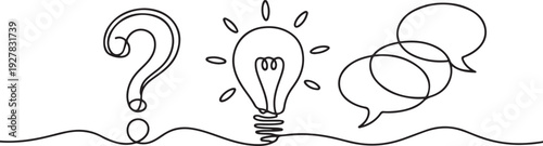 Hand drawn one line vector. Quick tips. Continuous one line drawing of question mark, light bulb and speech bubbles. one line Icon drawing