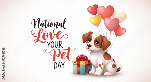 Cute dog with heart balloons and gift on national love your pet day with white background