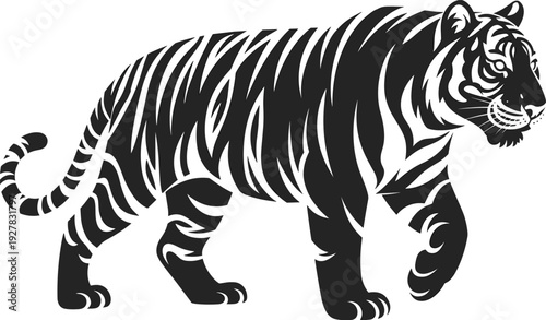 Majestic Tiger Silhouette Vector Illustration with Tribal Stripe Pattern for Wildlife Conservation Pride Mascot Jungle Theme and Bold Tattoo Design Graphic