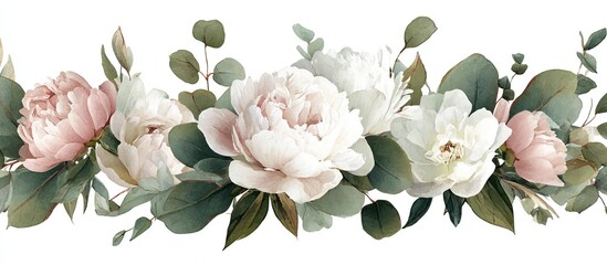 Floral border of pink and white peonies and eucalyptus leaves, elegant and refined