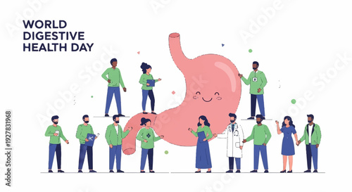 World digestive health day illustration with people standing on and around a giant pink stomach promoting gut health and wellness