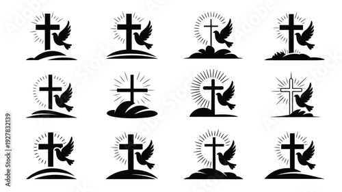 Collection of 12 minimalist christian symbols with crosses and doves on white background for religious designs