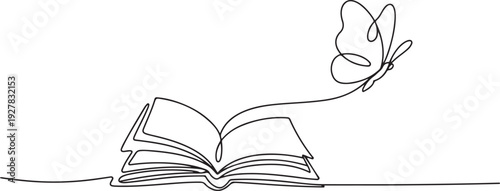 Flying book one line drawing with butterfly. Continuous hand drawn contour vector. one line Icon drawing