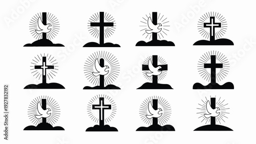 Collection of symbolic christian cross icons with doves and sunburst on white background for faith and spirituality designs