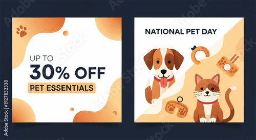National pet day sale banner with dog and cat illustrations up to 30 off pet essentials