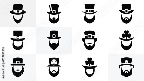 St patrick's day icons set with leprechaun faces and beards in minimalist style on white background