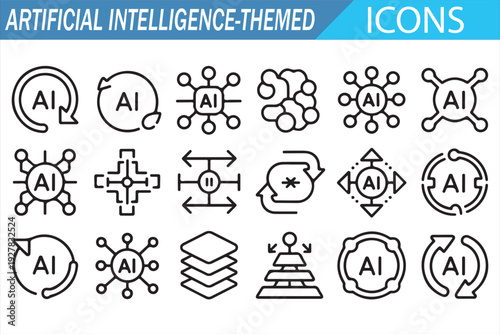 Artificial Intelligence Icons Set – AI Technology Line Collection, Machine Learning, Neural Network, Automation and Data Science Vector Illustration