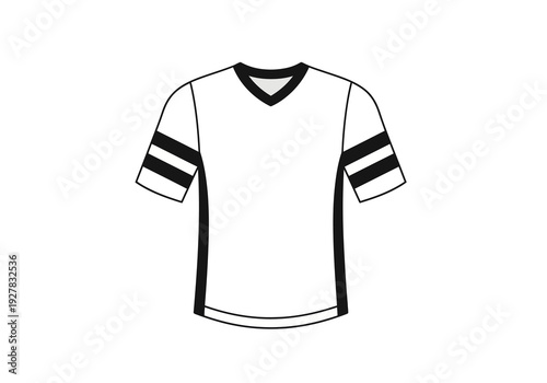 Monochrome line art of a V-neck athletic jersey with striped sleeves. Blank sportswear template vector illustration for team uniform or fan apparel mock-up design
