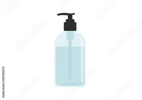 Clean and modern vector illustration of a transparent pump bottle dispenser filled with light blue liquid, symbolizing hygiene, sanitation, and personal care products