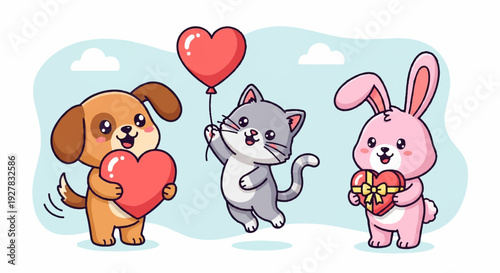 Cute animals celebrating love with heart and gift valentine's day concept with dog cat and rabbit