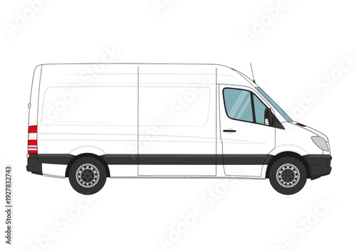 Clean vector graphic depicting a white panel van in side profile, ideal for logistics, delivery, and transportation projects. Represents efficient commercial shipping and urban freight services