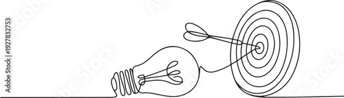 Continuous one line drawing of light bulb with a dart board. Startup idea creative imagination jackpot highest point. one line Icon drawing