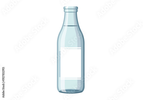 Clear glass bottle filled with refreshing clear liquid, perfect for beverages, drinks, and water, with a blank label for customization