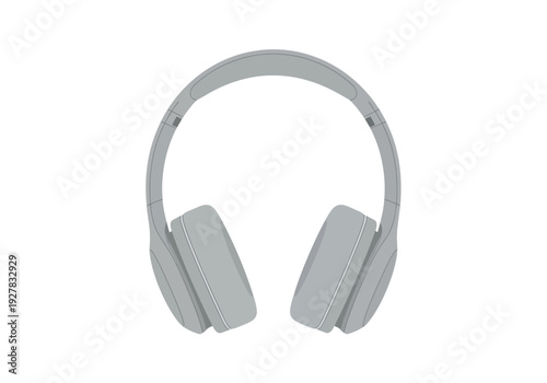 Modern grey audio headset shown in a minimalist vector illustration. An isolated digital gadget for listening to music and podcasts on a clean background