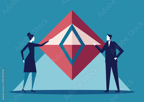 A man and a woman in business suits uncover a large abstract diamond-shaped symbol on a blue background.