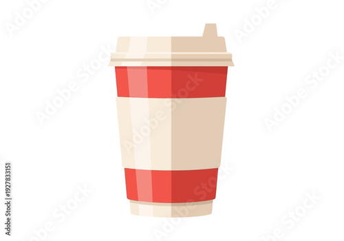 A vibrant flat design vector illustration of a disposable takeaway coffee cup with a practical lid and protective sleeve, perfect for a refreshing hot drink on the go, symbolizing everyday convenience
