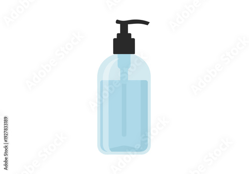A clear dispenser pump bottle filled with blue liquid, representing hand sanitizer or soap for hygiene, cleanliness, and disease prevention, isolated on a white background
