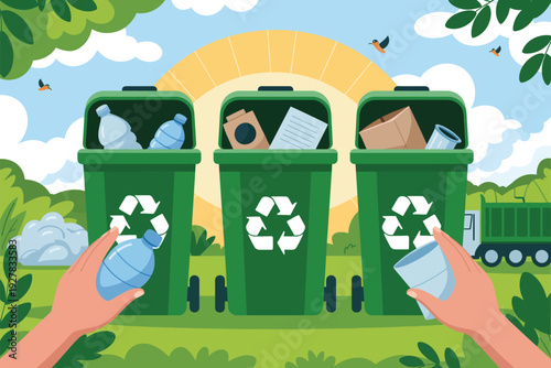 Recycling bins with hands holding recyclable materials in a green park