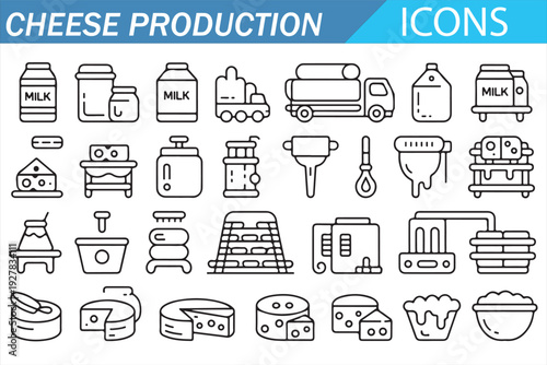 Dairy Farm and Cheese Factory Outline Icons Collection