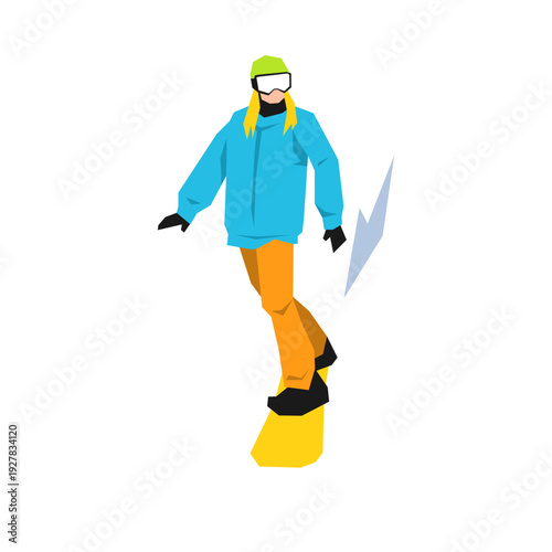 Snowboarder character sliding on snow flat vector illustration