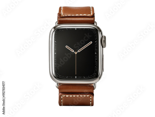 Modern apple watch with brown leather strap and black face isolated on transparent background
