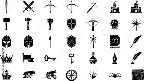 Medieval Fantasy Icon Set with Weapons, Shields, Crowns, Castles, Magic Symbols, and Royal Elements for Games, Stories, UI, and Vector Designs