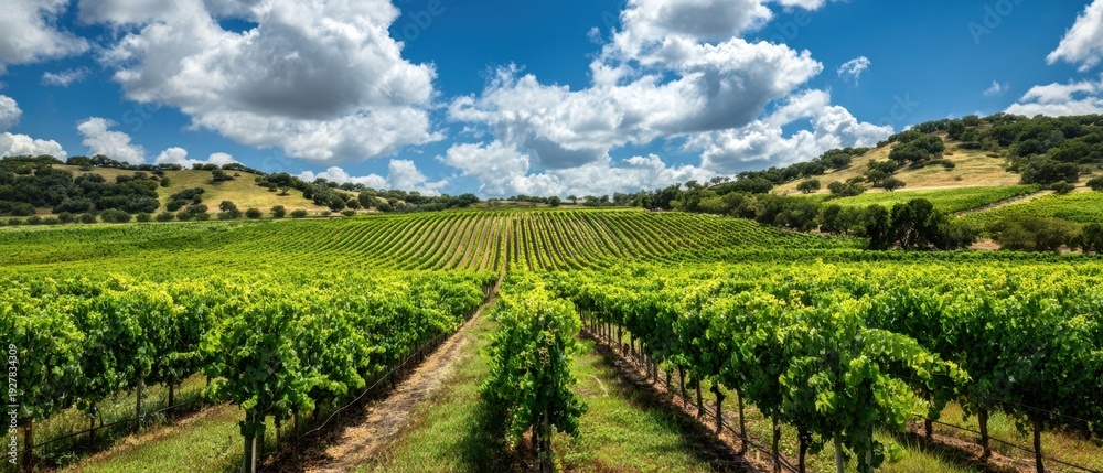 Fototapeta premium The vineyard under dramatic blue skies with rolling green rows and sunlit clouds