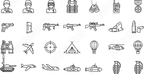 Military and Defense Line Icon Set Featuring Soldiers, Weapons, Aircraft, Vehicles, Ammunition, Security Gear, and Tactical Warfare Concept Symbols