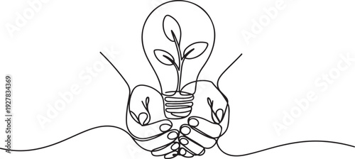 Single continuous line of hands holding plant inside Lightbulb in one line drawing. Concept of Eco energy and environmental friendly sources. one line Icon drawing