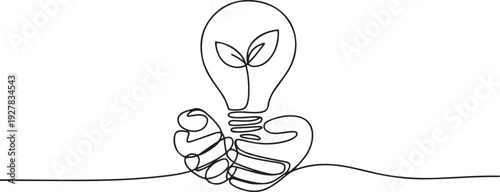 Single continuous line of hands holding plant inside Lightbulb in one line drawing. Concept of Eco energy and environmental friendly sources. one line Icon drawing